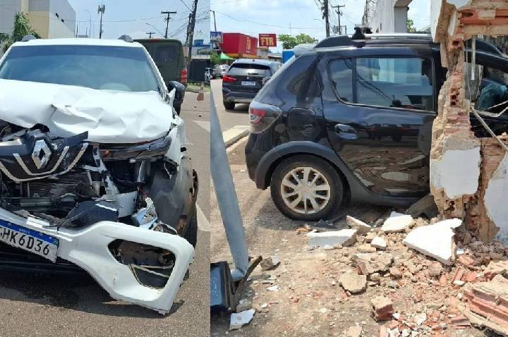 Colisão entre carros resulta em danos materiais e atinge portão de área militar na região central de capital