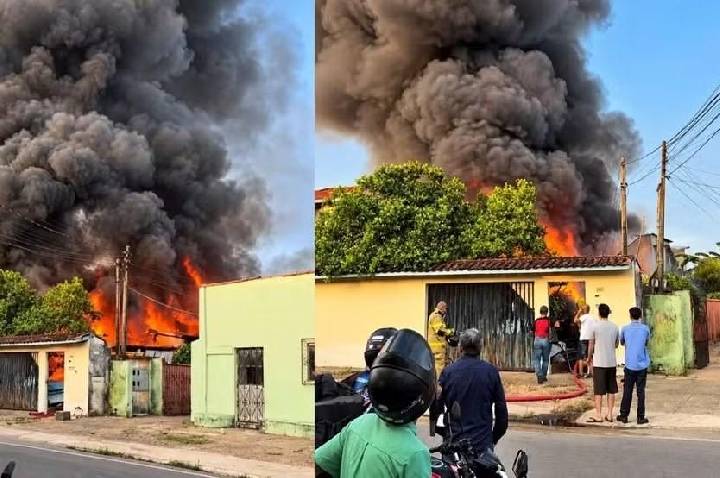 Incêndio destrói residência em Ji-Paraná e mobiliza bombeiros para evitar que fogo atinja imóveis vizinhos