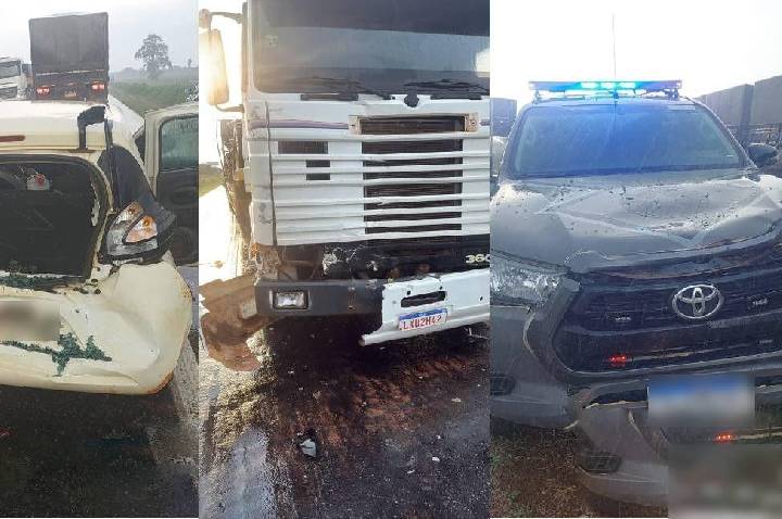 Viatura da Força Tática é atingida por carreta em engavetamento na BR-364