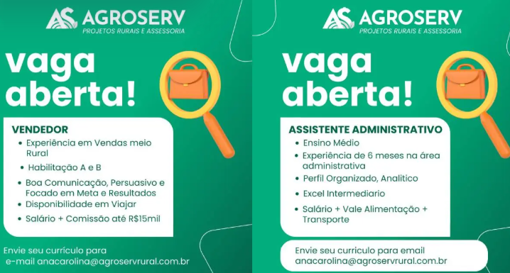 Agroserv tem vagas abertas para Vendedor e Assistente Administrativo