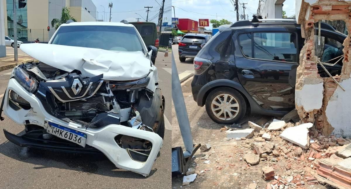Colisão entre carros resulta em danos materiais e atinge portão de área militar na região central de capital